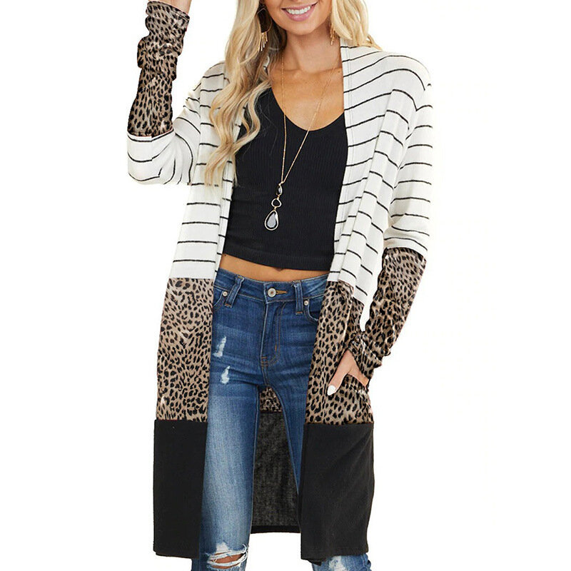 2021 뜨거운 판매 니트 스웨터 여성 가을/겨울 새로운 패션 스트라이프 대비 스티치 격자 무늬 캐주얼 가디건 여성의 얇은 코트