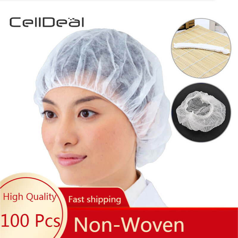 100Pcs Shower Cap Hair Nets Beauty Salon Head Cover Hats Mop Hygiene Plastic and Thick Non-woven Protection Mushroom Cap