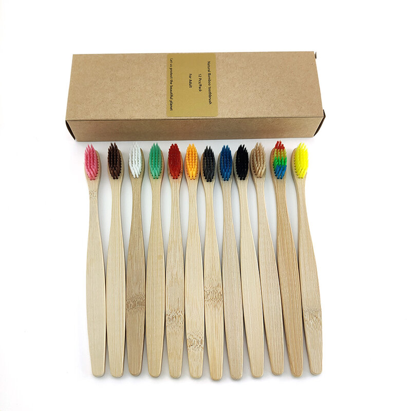 12pcs New mixed color  bamboo toothbrush eco friendly products wooden Tooth Brush Soft bristle Tip Charcoal adults oral care