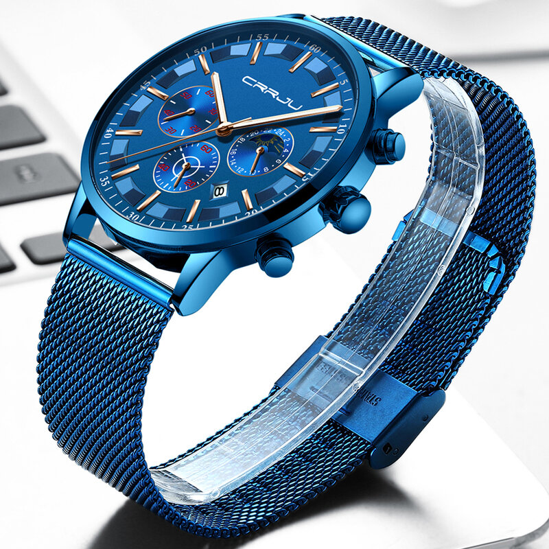 CRRJU-Reloj de pulsera de cuarzo para hombre, cronógrafo multifunción de negocios, de malla, informal, a la moda, con pantalla de 24 horas