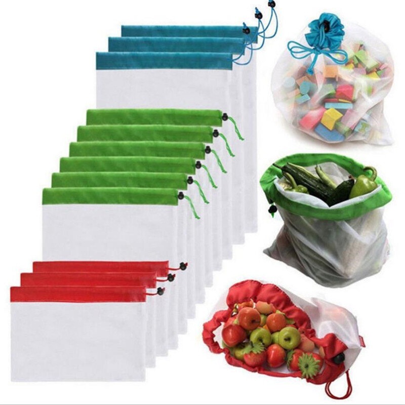 3 Sizes Reusable Shopping Mesh Produce Bag Washable Eco-Friendly Bags for Grocery Tote Holder Fruit Vegetable Organizer Pouch