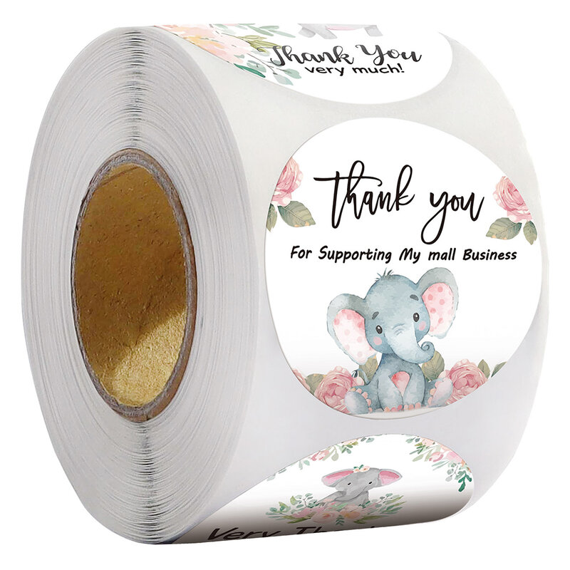 500pcs/roll 2.5/3.8cm Cartoon Elephant Thank You Stickers Kids Party Gift Wrapping Sealing Sticker Business Decorative Label