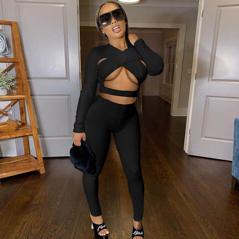 Solid Two Piece Sets Women Skinny Criss-Cross Cleavage Crop Top and Stretch Pant Matching Outfits Active Black Sexy Workout Suit