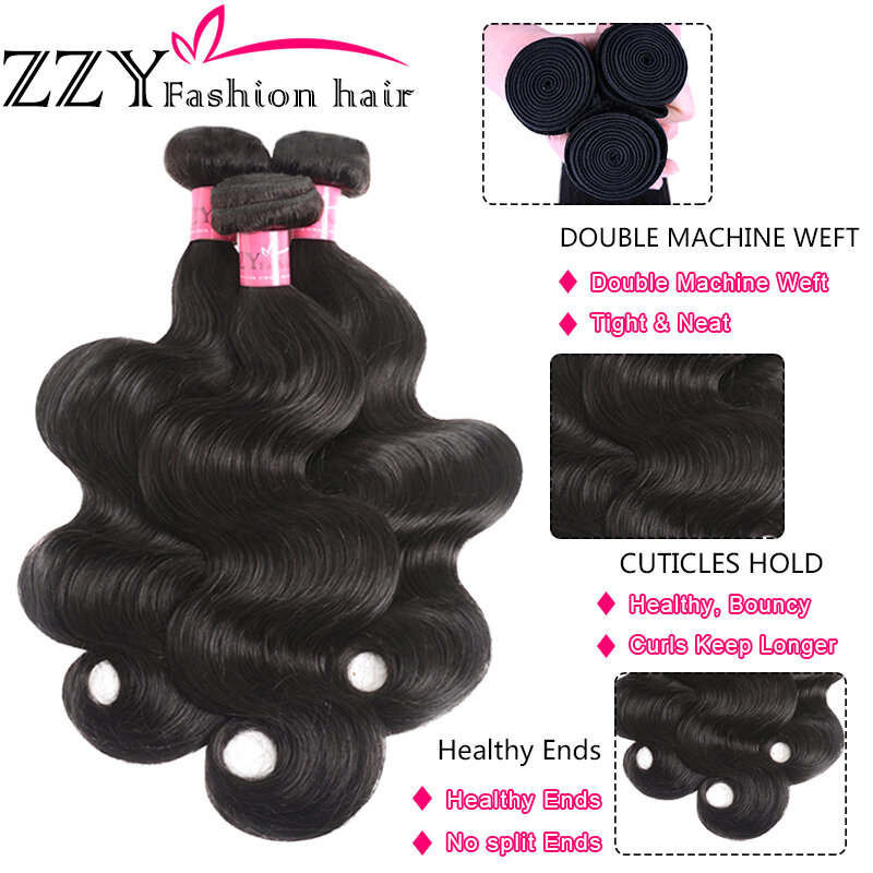 ZZY Fashion – lot de 3 mèches brésiliennes non-remy, cheveux naturels ondulés, avec Lace Closure