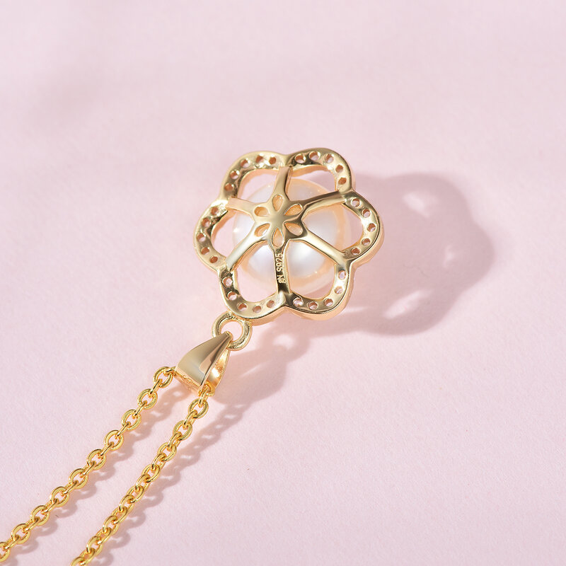 GN-collares con colgantes de perlas de 8-9mm para agua dulce, Gargantilla de plata 925 chapada en oro, flor de Zirconia, cadena gNPearl