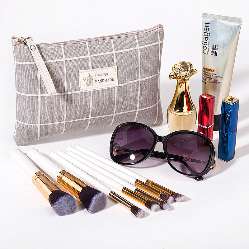 Women Plaid Makeup Bag Cute Cosmetics Makeup Bag Travel Lady Zipper Toiletry Pencil Purse Organizer Pouch Wallet Handbags