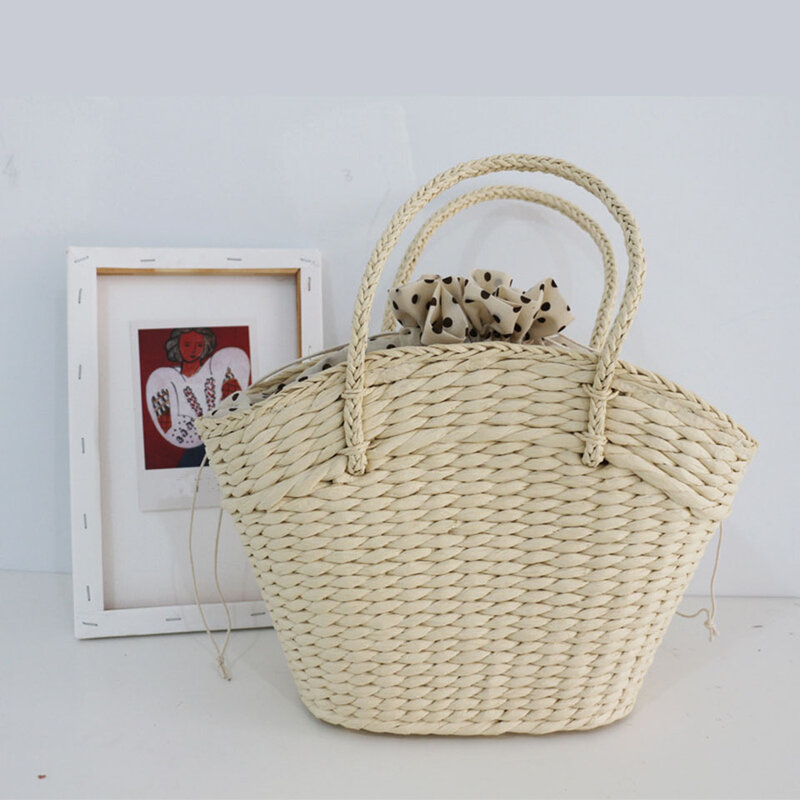 Bolsa de palha feminina, bolsa de verão com bolinhas para desenhar na moda, cesta de praia, 2021