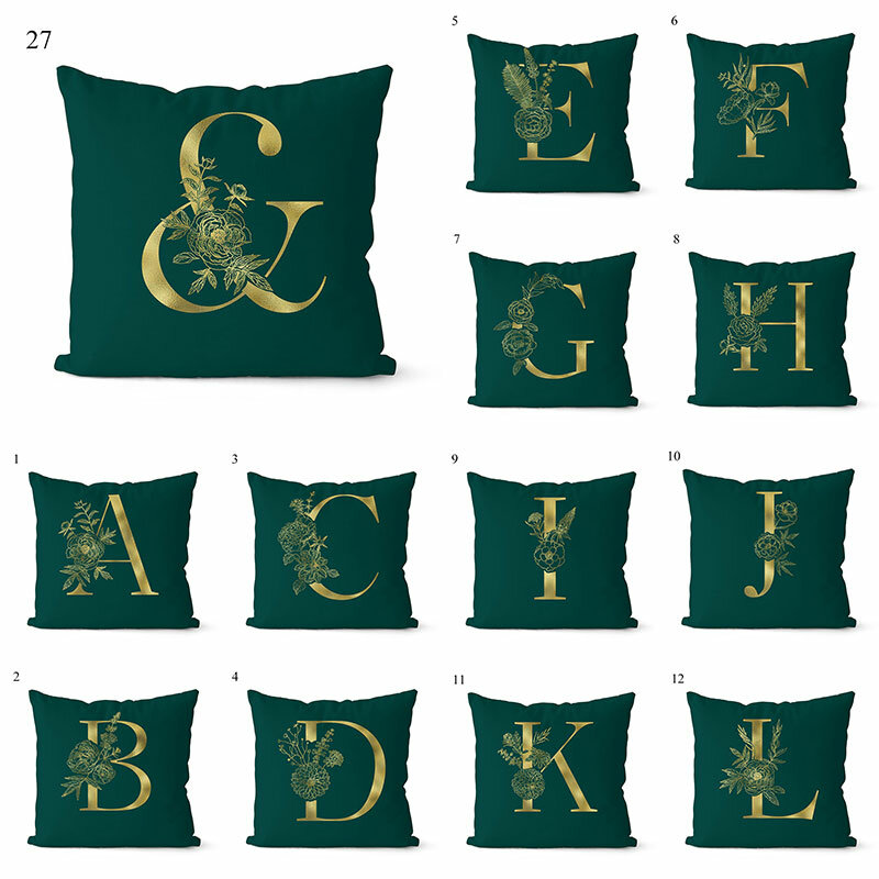 Funda de almohada de algodón con letras doradas, cubierta de cojín para decoración del hogar, sofá y coche, color verde, 45x45cm, 1 unidad