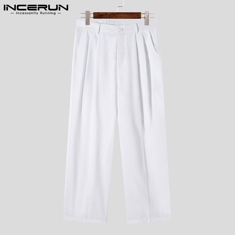 INCERUN-Pantalones rectos de pierna ancha para hombre, pantalón elegante de Color sólido, cintura alta, sencillo, combina con todo, S-5XL, 2021