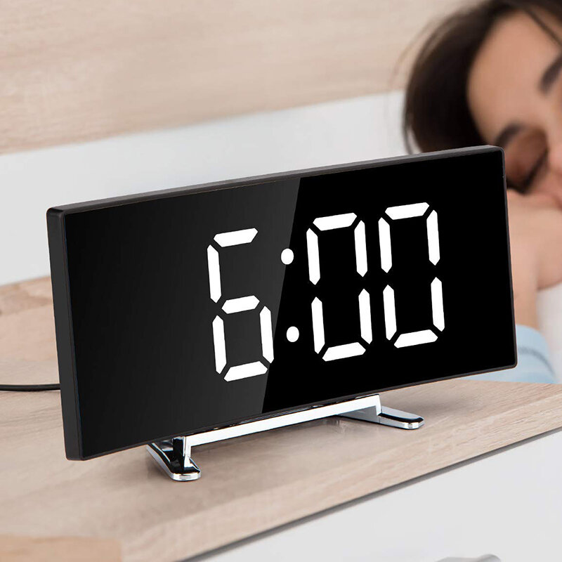 Cyfrowy budzik, 7 Cal zakrzywiony ściemnialny LED Sn cyfrowy zegar dla dzieci sypialnia, biały duży zegar numeryczny, funkcją drzemki