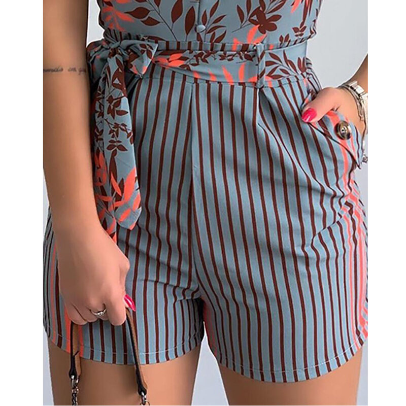 European And American New Casual V-Neck  Fashion Leaf Print Strap Rompers$ Piaysuits M6014