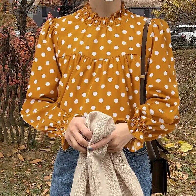 女性のためのエレガントでカジュアルな長袖チュニック,水玉模様のファッショナブルな秋のブラウス,2021