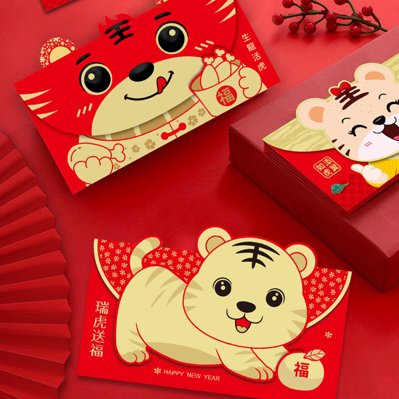 Sobres rojos de dibujos animados, 6 unidades, regalo chino de boda, Año Nuevo en movimiento, Festival de Primavera, año del tigre, 2022