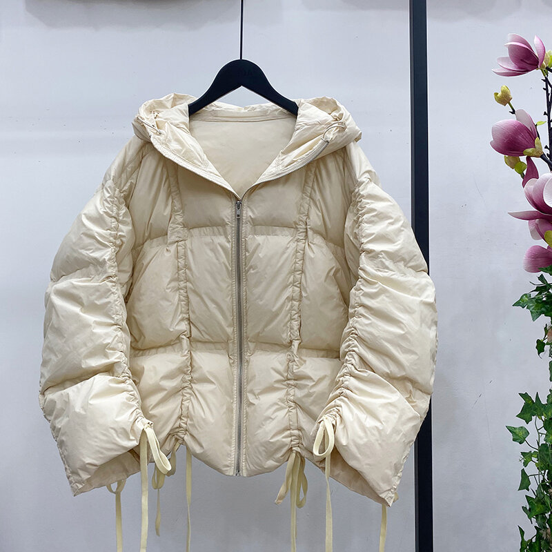2022 Ultra Light Hooded ฤดูหนาวลงเสื้อสีขาวเป็ดเสื้อหิมะอบอุ่น Parka สั้นหลวมสายรัดขนมปัง Outerwear