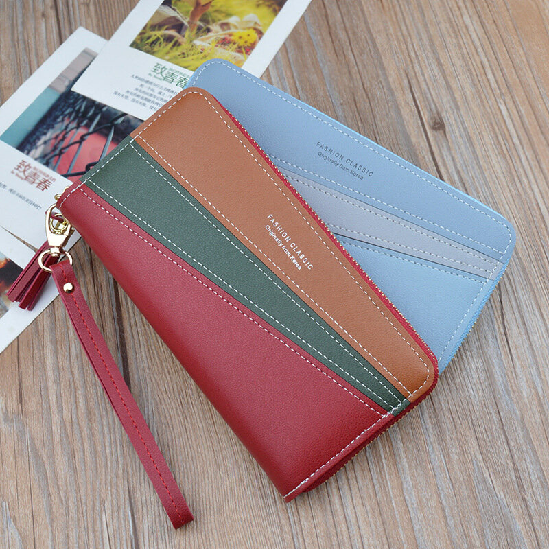 Geometric luxury brand leather women's long zipper zero purse tassel design holding wallet women's money credit card clip