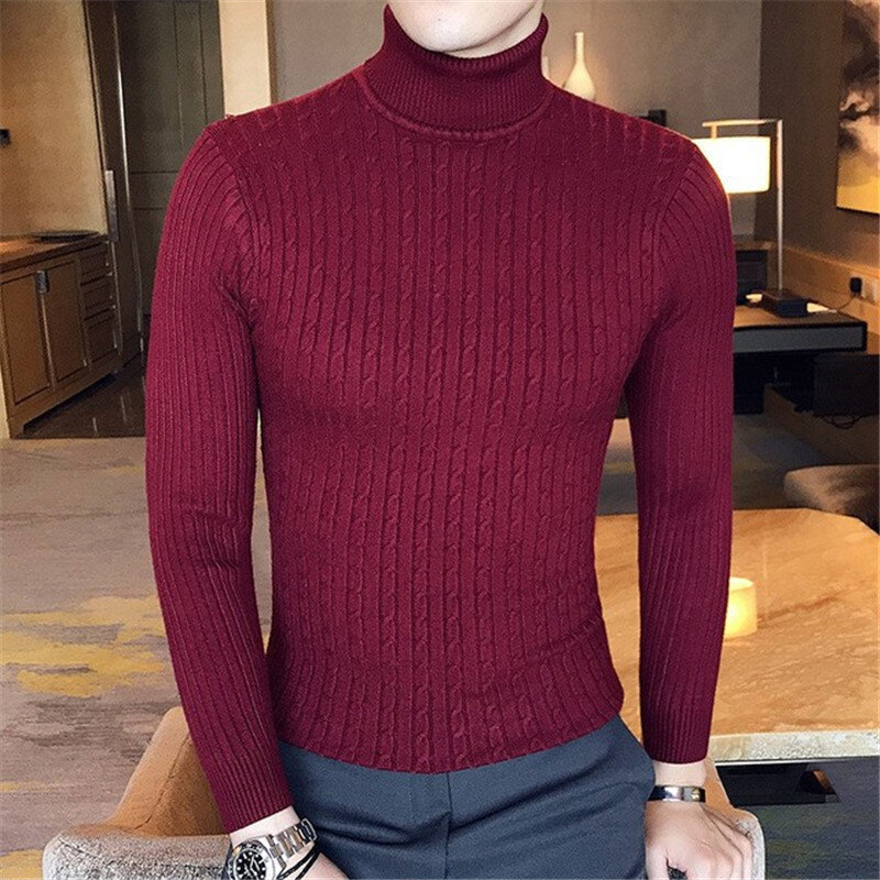 Suéter quente grosso com gola alta masculina, blusão de marca de tricô slim fit para homens 2021