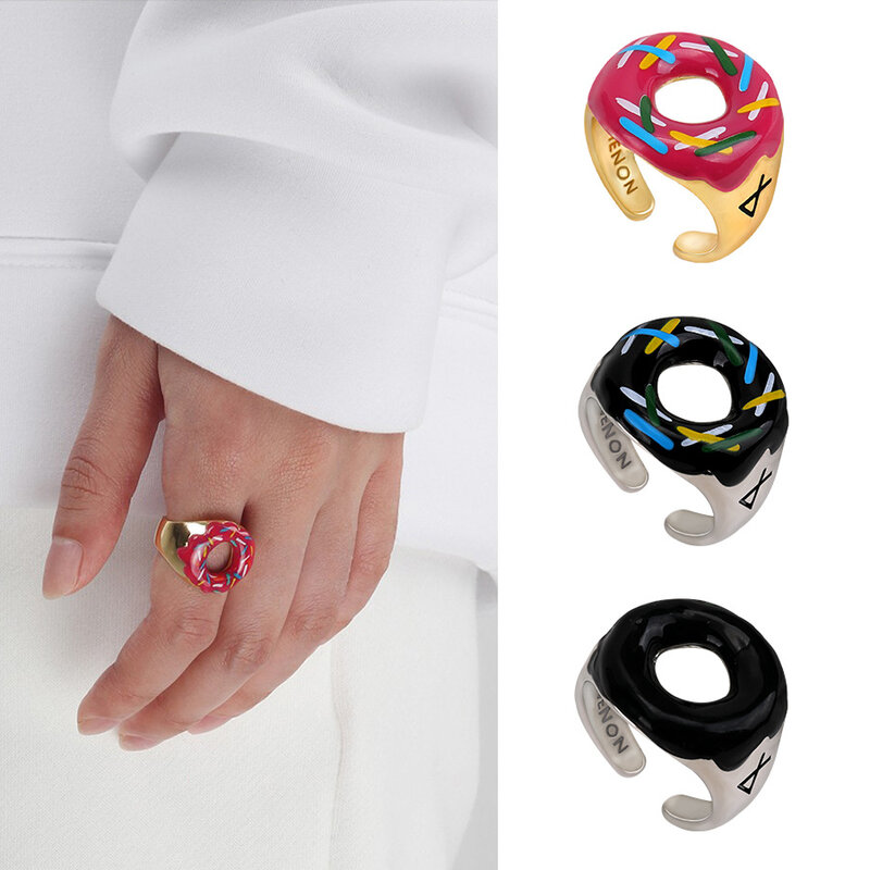 สนุกสร้อยคอที่มีสีสันน่ารัก Donut การ์ตูนแหวนแฟชั่นแหวนแฟนตาซี Sweetheart All-Match เครื่องประดับของขวัญ