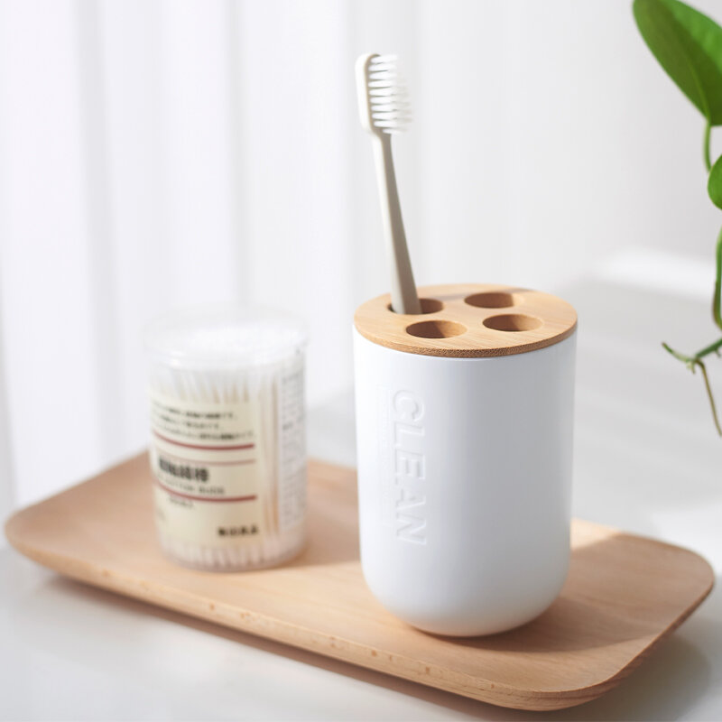 Dispensador de jabón de madera de bambú, botella de champú, taza para la boca, soporte para cepillo dental, soporte para pasta de dientes, jabonera, juego de accesorios de baño