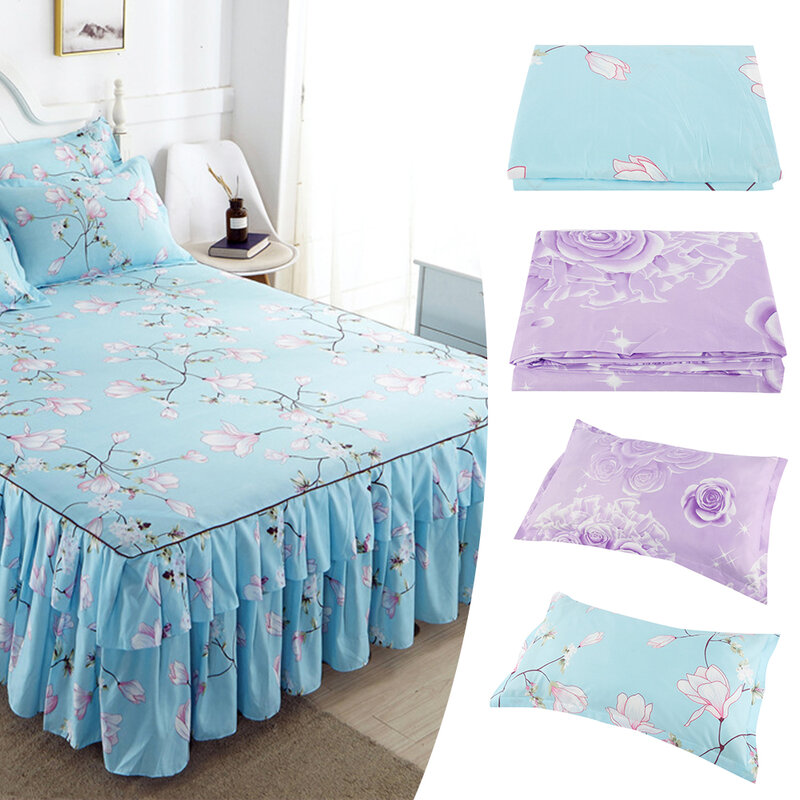 Impresso saia de cama fronha elegante chiffon capa de cama dustproof e sujo para decoração do casamento capa de cama fronha saia kit