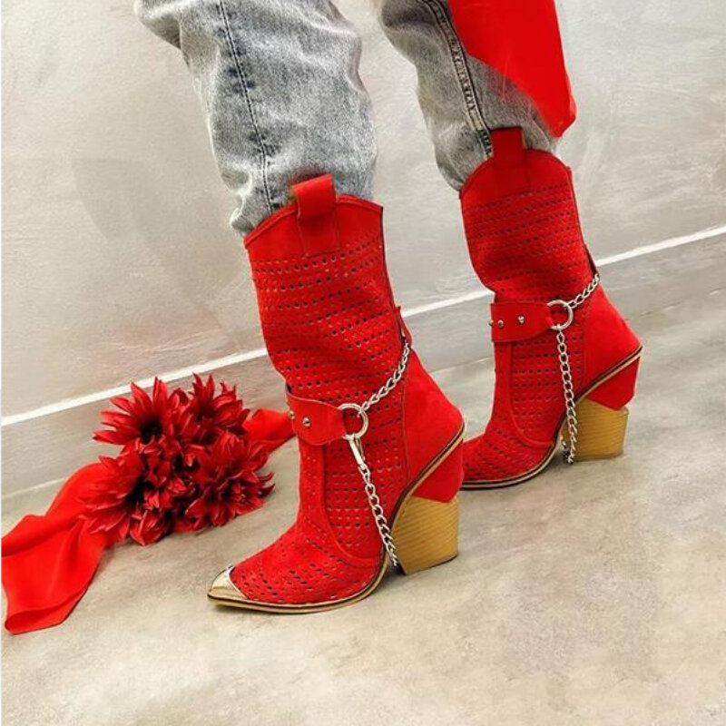 Floralmoda metal pointed chain rivet decoration hollow out all-match fashionable thick heel boots  KZ006