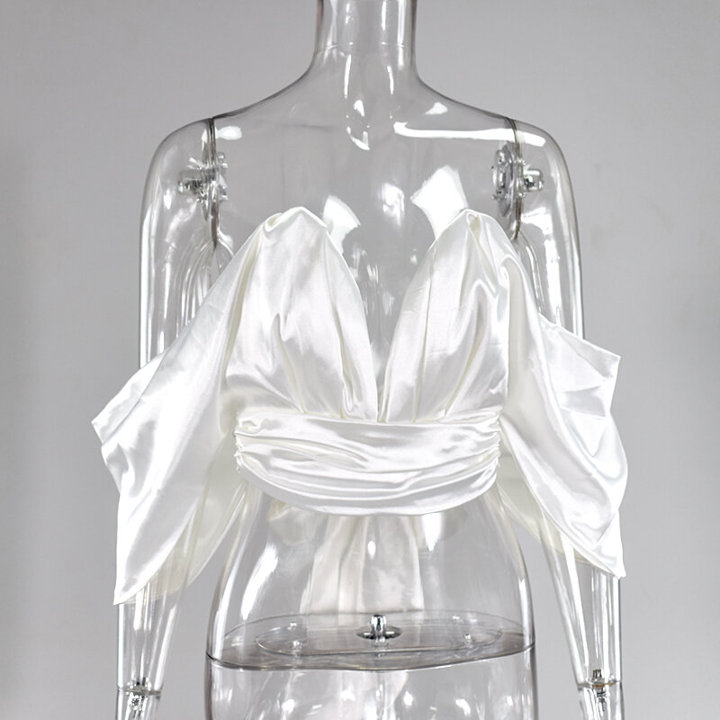 NewAsia Garden Off spalla camicetta donna lucido scollo a v profondo Backless bianco top moda indietro grande fiocco Sexy Blusas Casual 2020 nuovo