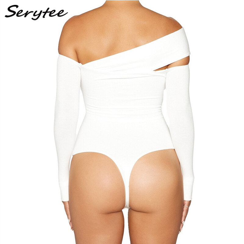 Serytee Sexy Off Shoulder Long Sleeve Bodycon Bodysuit Women 2021 Hollow Out Solid White Short Jumpsuit Club Party Overalls