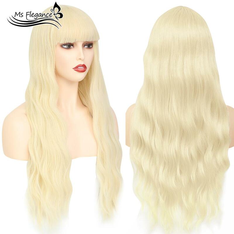 Ms flegance peruca longa loira ondulada de cabelo sintético, 24 polegadas, com franja, para mulheres, cabelo natural lolita