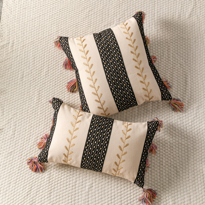 Чехол для подушки в марокканском стиле, декоративная наволочка с вышивкой в виде цветных листьев и полосок, с американской кисточкой для ди...
