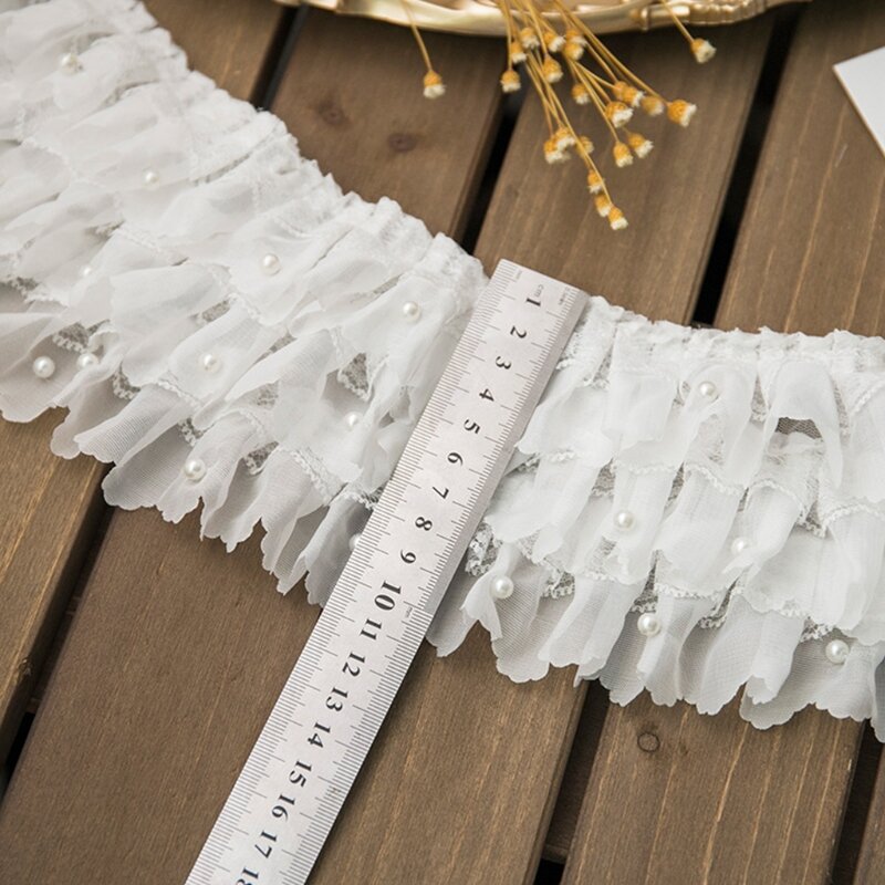X3UE 1 stocznia szeroka naturalna biel tkaniny trzy warstwy koronki wykończenia DIY akcesoria do rękodzieła koronki biały koralik sukienka Lolita Decor