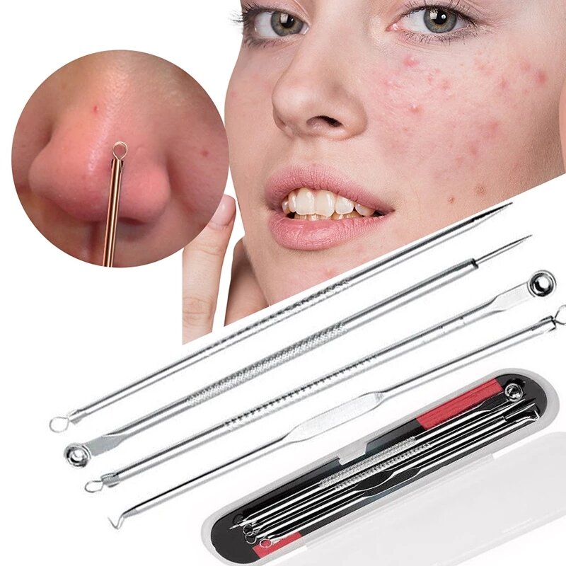 4 pçs de aço inoxidável acne remoção agulhas espinha cravo removedor ferramentas colher rosto cuidados com a pele ferramentas agulhas facial poro limpo