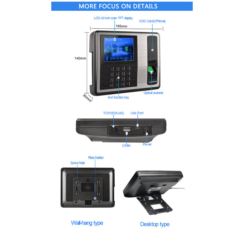 4 Inci Layar TFT LCD Sistem Absensi Biometrik Jam Perekam Perangkat Karyawan Mesin Absensi Sidik Jari