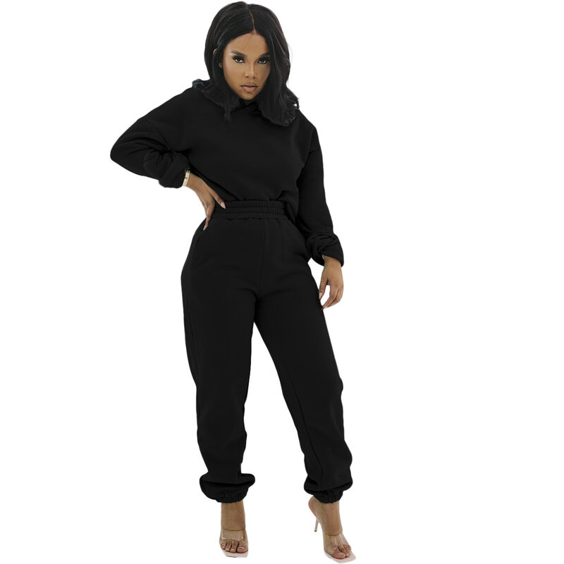 Solid Color Two Piece Set Women Sport Long Sleeve Hoodies Tops + Jogger Pants Fitness Tracksuit Matching Set Female Outfits