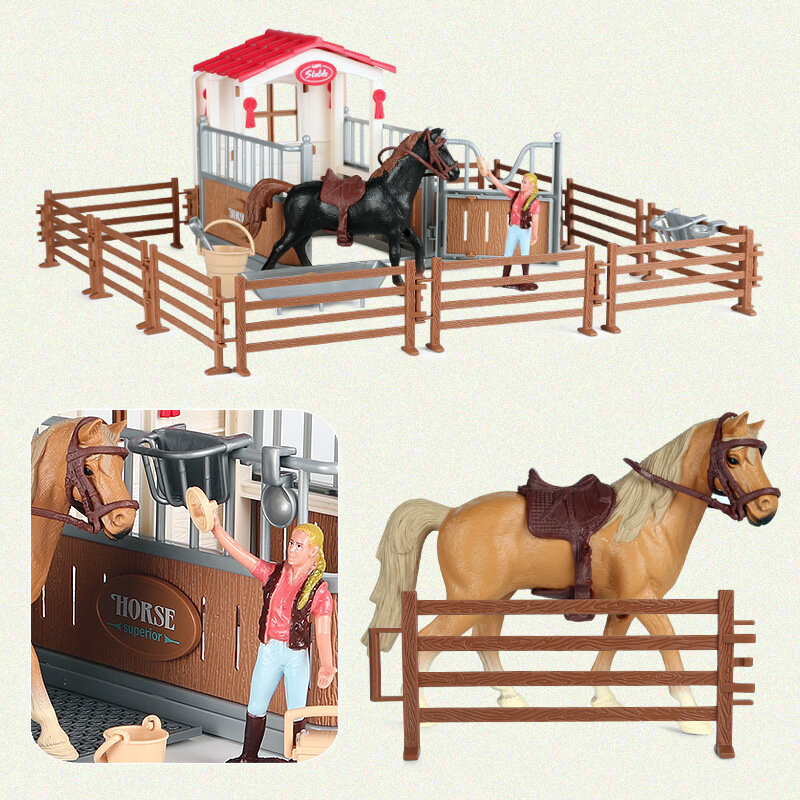 새로운 시뮬레이션 말 동물 농장 기병 말 세척 장면 액션 피규어, PVC 에뮬레이션 모델, 학교 프로젝트 장난감, 어린이 선물