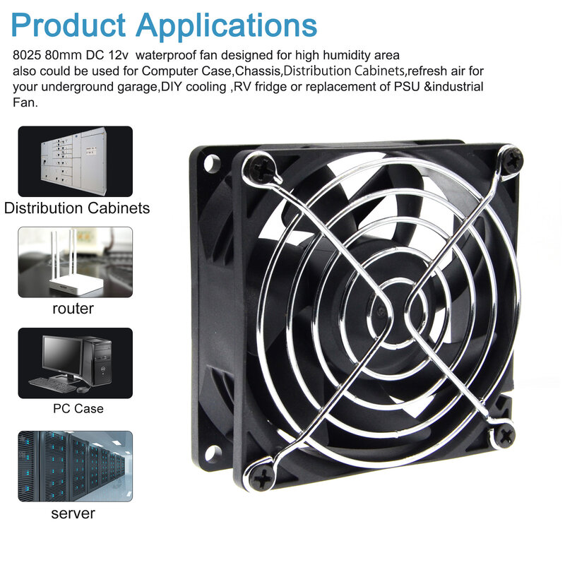 Водонепроницаемый пыленепроницаемый вентилятор охлаждения, 12 В постоянного тока, 80 х80х25 мм, с двойным шарикоподшипником, 3-контактный блок ...