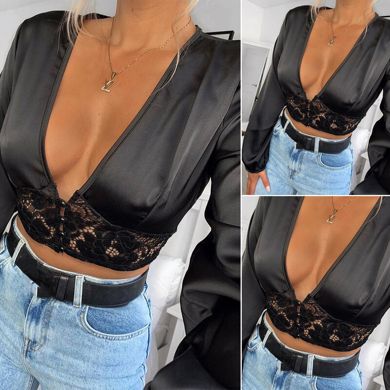 Sexy Summer Mesh Sheer Blouse Women Lady See-through Deep V Neck Lace Floral Crop Top Long Sleeve Top Shirt Blusa Street Clothes