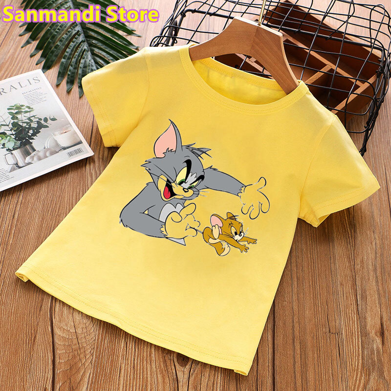 女の子と男の子のための半袖Tシャツ,印刷された猫の絵,夏のTシャツ,新しいコレクション2021