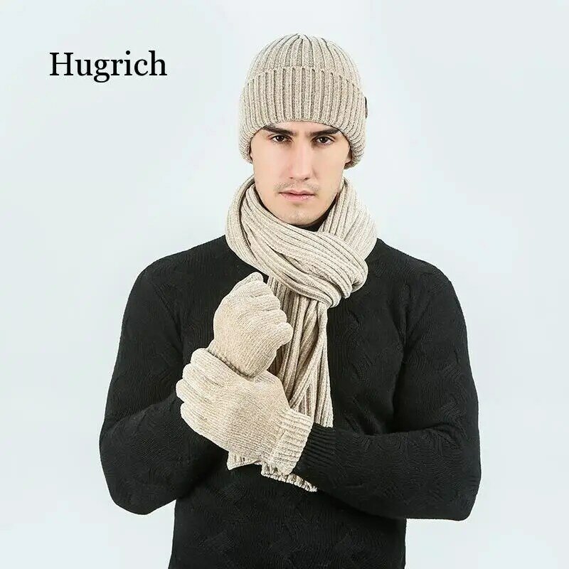 リブ編みのウールの帽子,暖かい手袋,3個,無地,秋と冬