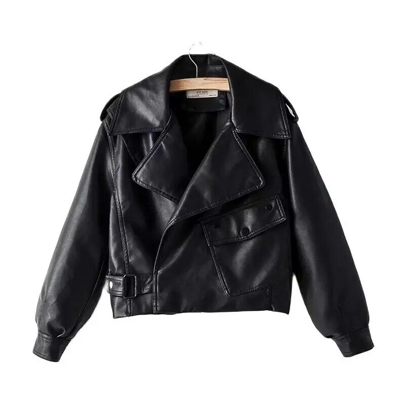 Куртка женская из искусственной кожи, мотоциклетная Байкерская мягкая в стиле панк, свободная верхняя одежда с отложным воротником, черная ...
