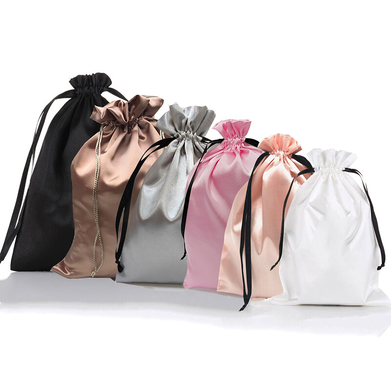 Logotipo personalizado cetim de seda cordão sacos de presente virgem cabelo jóias maquiagem embalagem saco preto branco prata rosa bolsa de seda