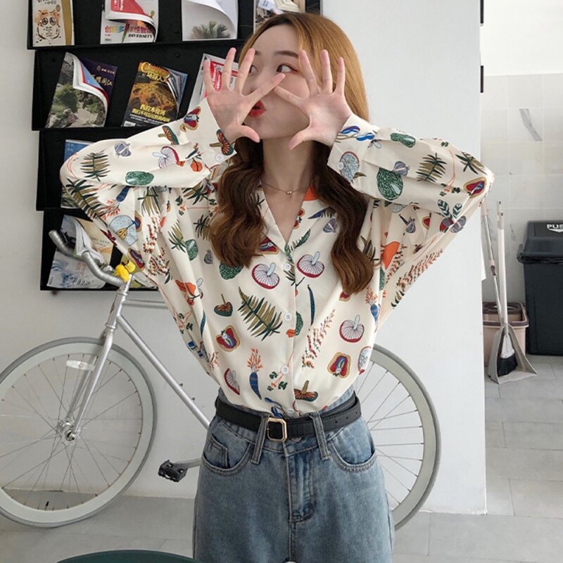 Jlong Summer Harajuku Women Graffiti Blouse Printed Turn-down Collar Shirts Tops Blouses Streetwear Tops