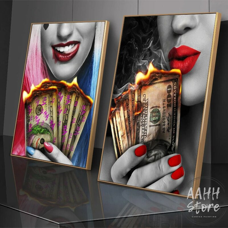 Uśmiech czerwone usta palenie piękna kobieta obraz spalanie dolara pieniądze na płótnie malarstwo ścienne plakat artystyczny dekoracja wnętrz do salonu