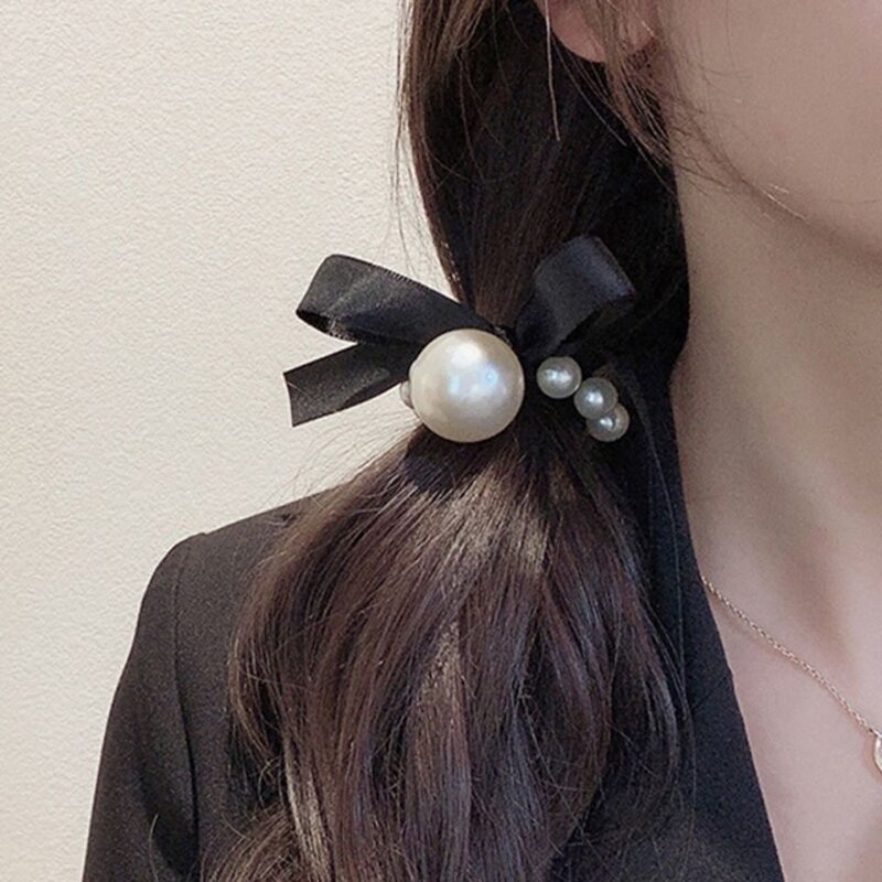 Big Pearl Women Hair Ties  Korean Style Black Hairband Scrunchies Girls Ponytail Holders Rubber Band Hair Accessories
