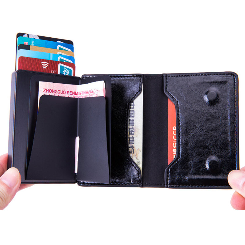ZOVYVOL 비즈니스 카드 홀더 상자 RFID 차단 신용 카드 홀더 케이스 알루미늄 합금 지갑 남성용, PU 가죽 도난 방지 지갑