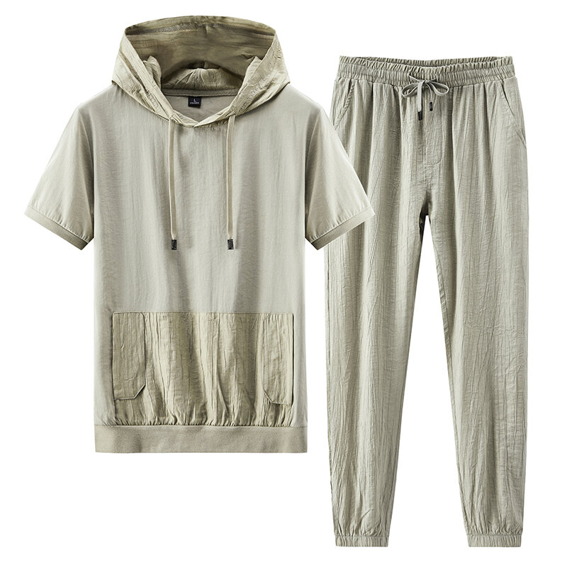 Chándal de 2 piezas para hombre, conjunto de ropa deportiva, camiseta con capucha y pantalones tobilleros, informal, talla asiática