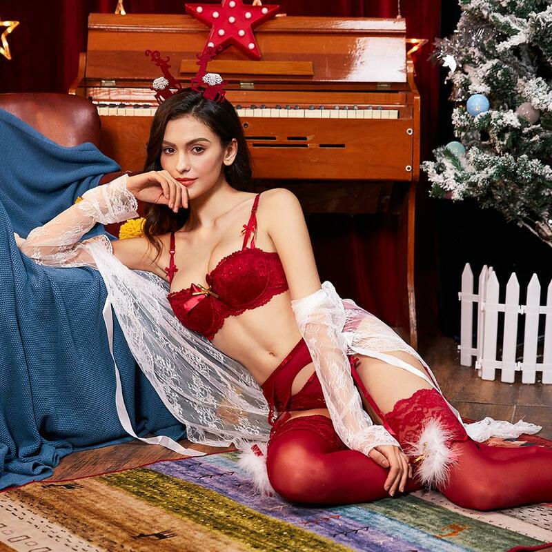 Varsbaby sexy 1/2 cup christmas 7 pcs bras+panties+garters+stockings+antler headband+nightgown bra and panty set