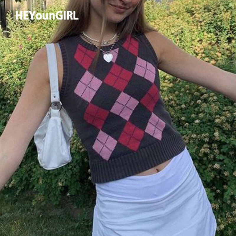 HEYounGIRL – débardeur tricoté Vintage pour femme, pull Style Preppy des années 90, manches décontracté, haut court, Argyle Y2K, Mini gilet, mode automne