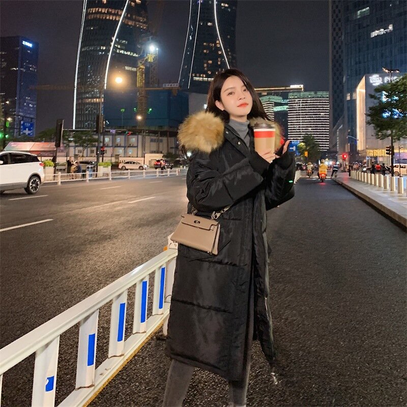 2021 neue Große Pelz Kragen Mid-länge Unten Jacke frauen Korean-stil Lose Overknee Baumwolle-gepolsterte mantel Verdickt Padded Jacke