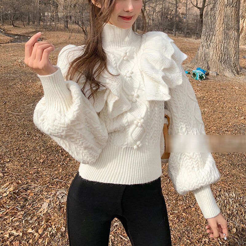 Осенне-зимний милый белый вязаный свитер, женские вязаные пуловеры с оборками, милые вязаные топы с буффами на рукавах