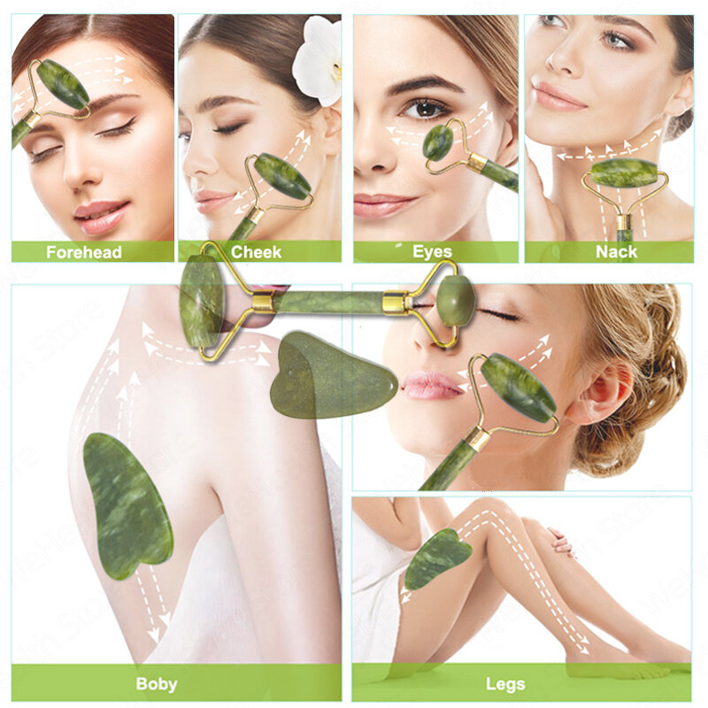 Natural rosto massageador guasha jade raspador de rolo ferramentas de cuidados com a pele facial massagem rolo microniddle limpador facial cuidados com a pele