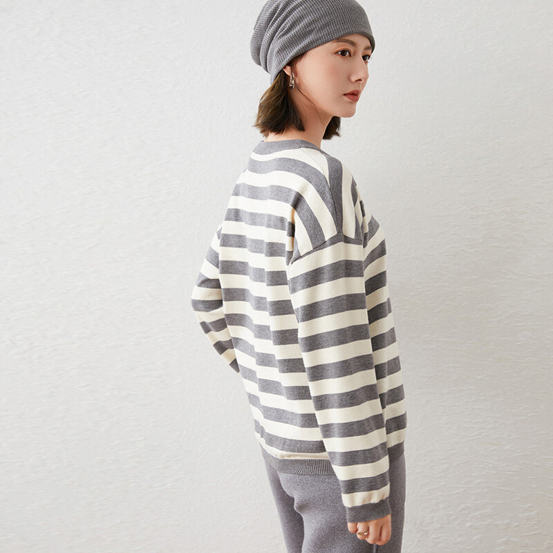 Women's Autumn And Winter New Sweater Striped Color Matching Long-Sleeved Round Neck Pullover， Korean Fashion  Sweater All-Match